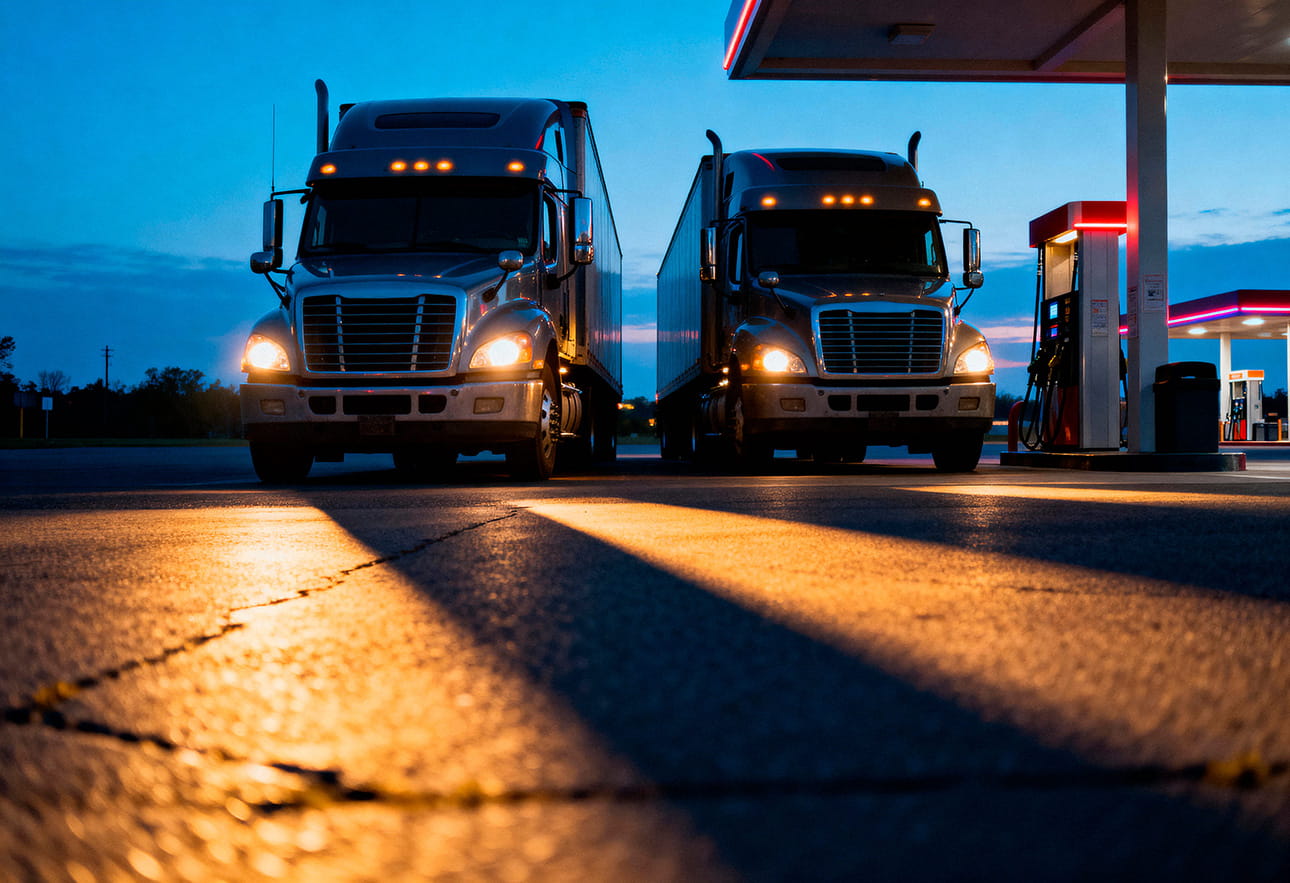 Semi trucks at a lit gas station on a long-haul run at night